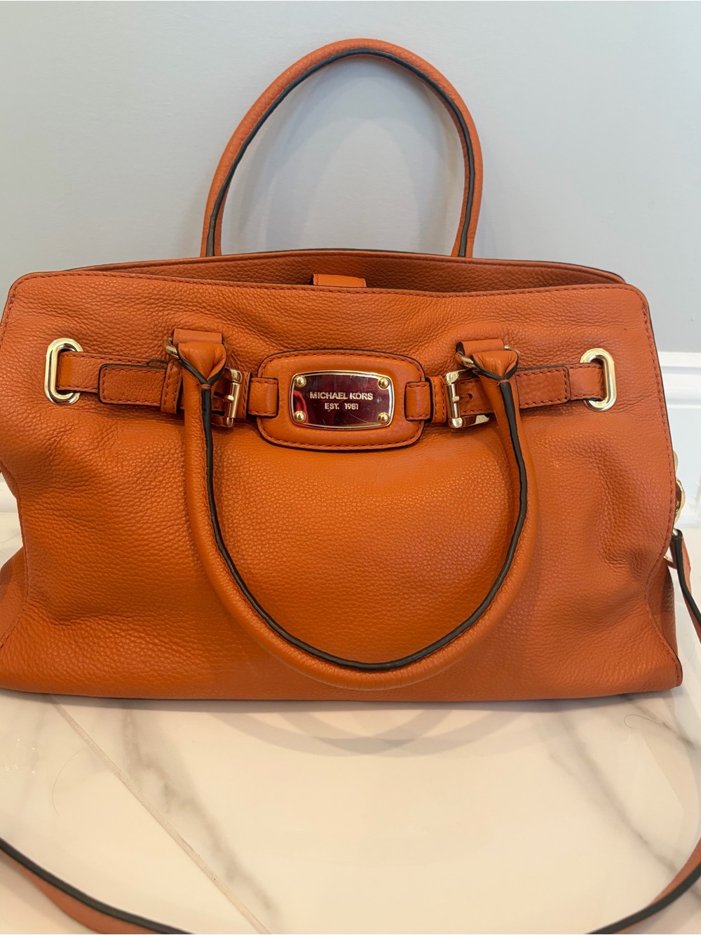 Michael Kors Orange Pebbled Leather Satchel with Gold Plaque